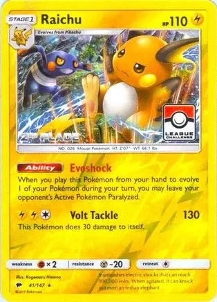 Raichu (41/147) (League Promo 2nd Place) [Sun & Moon: Burning Shadows] Pokémon