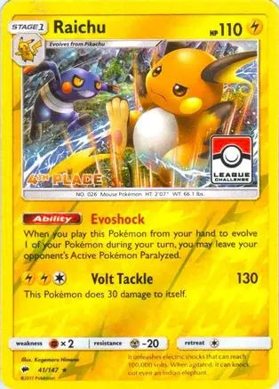 Raichu (41/147) (League Promo 4th Place) [Sun & Moon: Burning Shadows] Pokémon