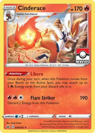 Cinderace (034/202) (League Promo) [Sword & Shield: Base Set] Pokémon
