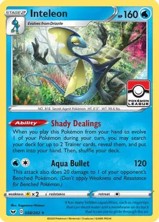 Inteleon (058/202) (League Promo) [Sword & Shield: Base Set] Pokémon