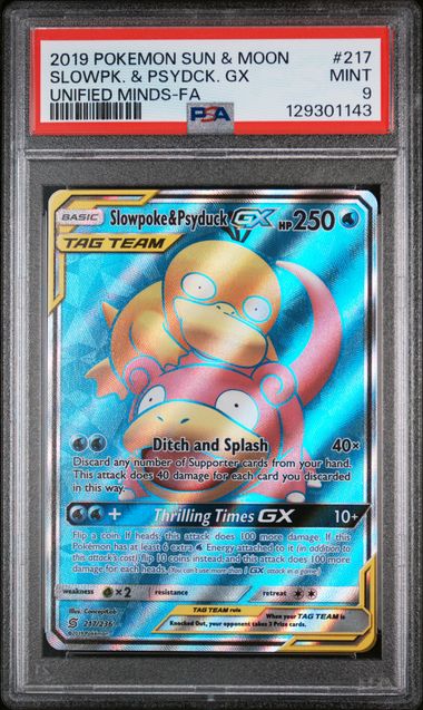 PSA 9 - 2019 POKEMON SUN & MOON UNIFIED MINDS #217 SLOWPK. & PSYDCK. GX UNIFIED MINDS-FA Doe's Cards