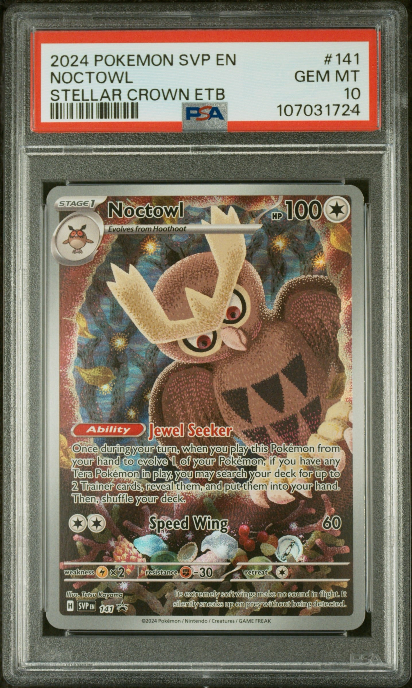 PSA 10 - 2024 POKEMON SVP EN-SV BLACK STAR PROMO #141 NOCTOWL STELLAR CROWN ETB - Doe's Cards