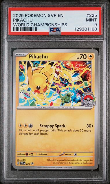 PSA 9 - 2025 POKEMON SVP EN-SV BLACK STAR PROMO #225 PIKACHU WORLD CHAMPIONSHIPS Doe's Cards