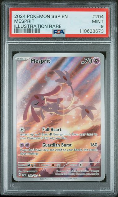 PSA 9 - 2024 POKEMON SSP EN-SURGING SPARKS #204 MESPRIT ILLUSTRATION RARE - Doe's Cards