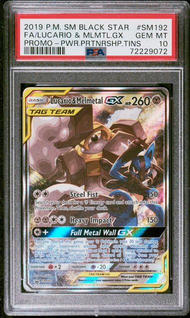 PSA 10 - 2019 POKEMON SM BLACK STAR PROMO #SM192 FA/LUCARIO & MLMTL.GX PROMO-PWR.PRTNRSHP.TINS