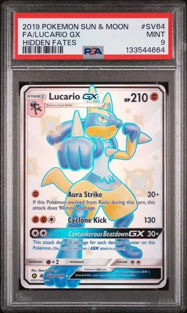 PSA 9 - 2019 POKEMON SUN & MOON HIDDEN FATES #SV64 FA/LUCARIO GX HIDDEN FATES Doe's Cards