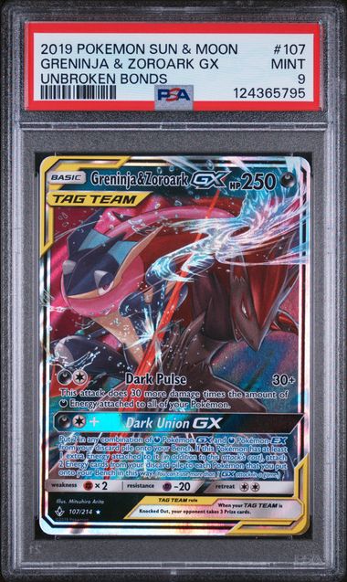 PSA 9 -2019 POKEMON SUN & MOON UNBROKEN BONDS #107 GRENINJA & ZOROARK GX UNBROKEN BONDS