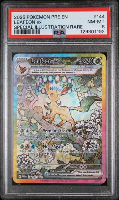 PSA 8 - 2025 POKEMON PRE EN-PRISMATIC EVOLUTIONS #144 LEAFEON ex SPECIAL ILLUSTRATION RARE Doe's Cards