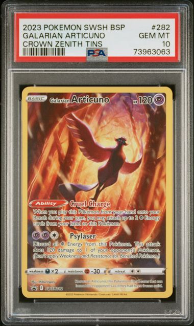PSA 10 -2023 POKEMON SWSH BLACK STAR PROMO #282 GALARIAN ARTICUNO CROWN ZENITH TIN