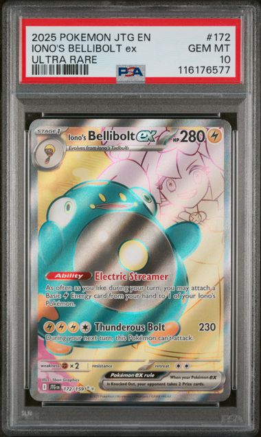 PSA 10 -2025 POKEMON JTG EN-JOURNEY TOGETHER #172 IONO'S BELLIBOLT ex ULTRA RARE - Doe's Cards