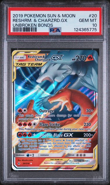 PSA 10 - 2019 POKEMON SUN & MOON UNBROKEN BONDS #20 RESHRM. & CHARZRD.GX UNBROKEN BONDS
