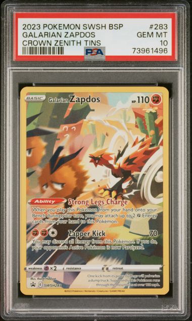 PSA 10 -2023 POKEMON SWSH BLACK STAR PROMO #283 GALARIAN ZAPDOS CROWN ZENITH TIN