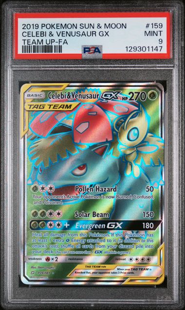 PSA 9 - 2019 POKEMON SUN & MOON TEAM UP #159 CELEBI & VENUSAUR GX TEAM UP-FA Doe's Cards