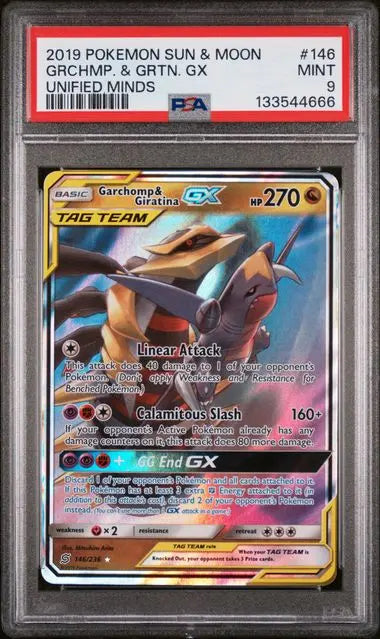 PSA 9 - 2019 POKEMON SUN & MOON UNIFIED MINDS #146 GRCHMP. & GRTN. GX UNIFIED MINDS Doe's Cards
