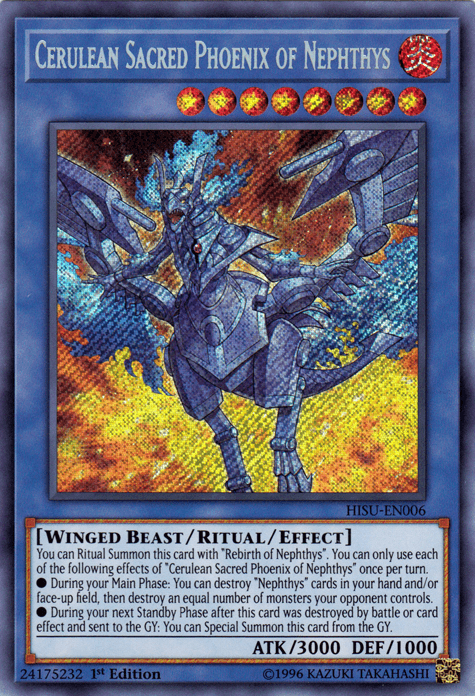 Cerulean Sacred Phoenix of Nephthys [HISU-EN006] Secret Rare - Doe's Cards